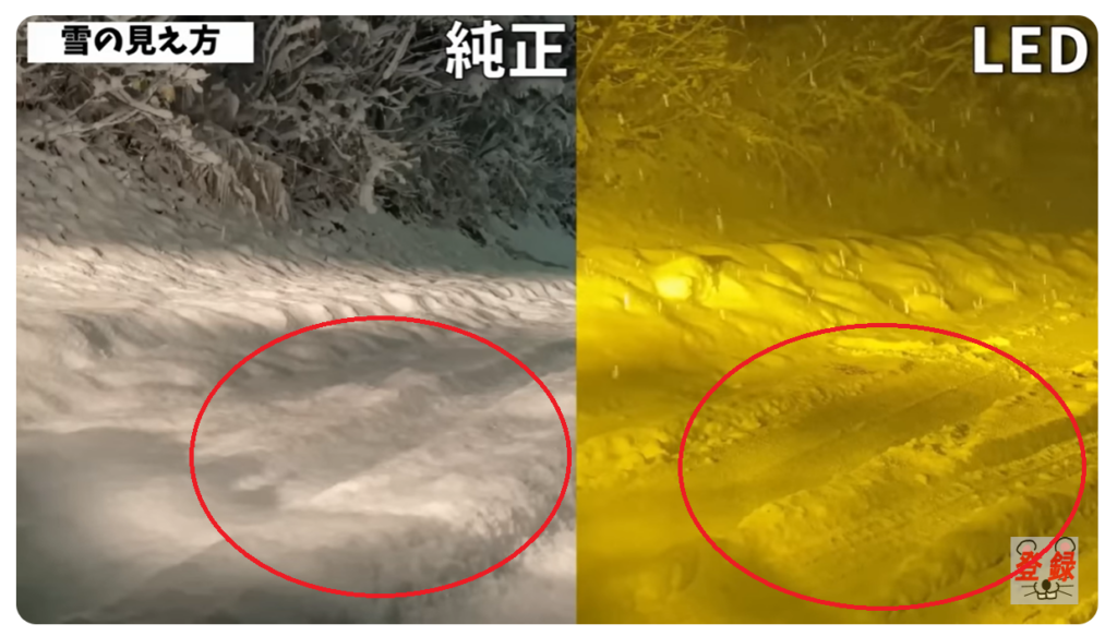 純正フォグランプとLEDの雪の見え方を比較している画像