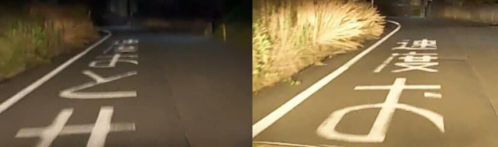 純正ハロゲン(左)と電球色LED(右)との比較