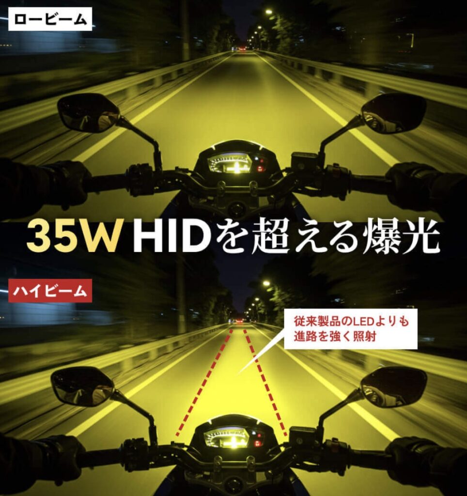 Aシリーズ LED バイク ヘッドライト イエロー_点灯イメージ_35W HIDを超える爆光