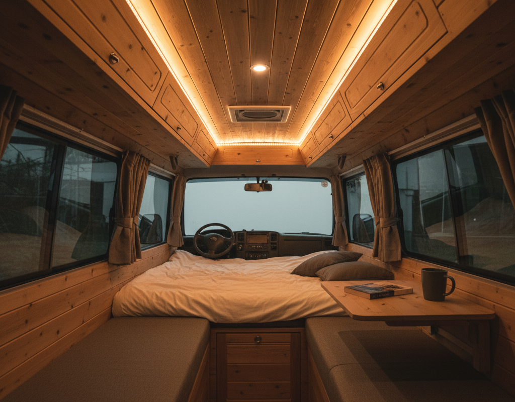 板張りや照明で車内をおしゃれに演出する