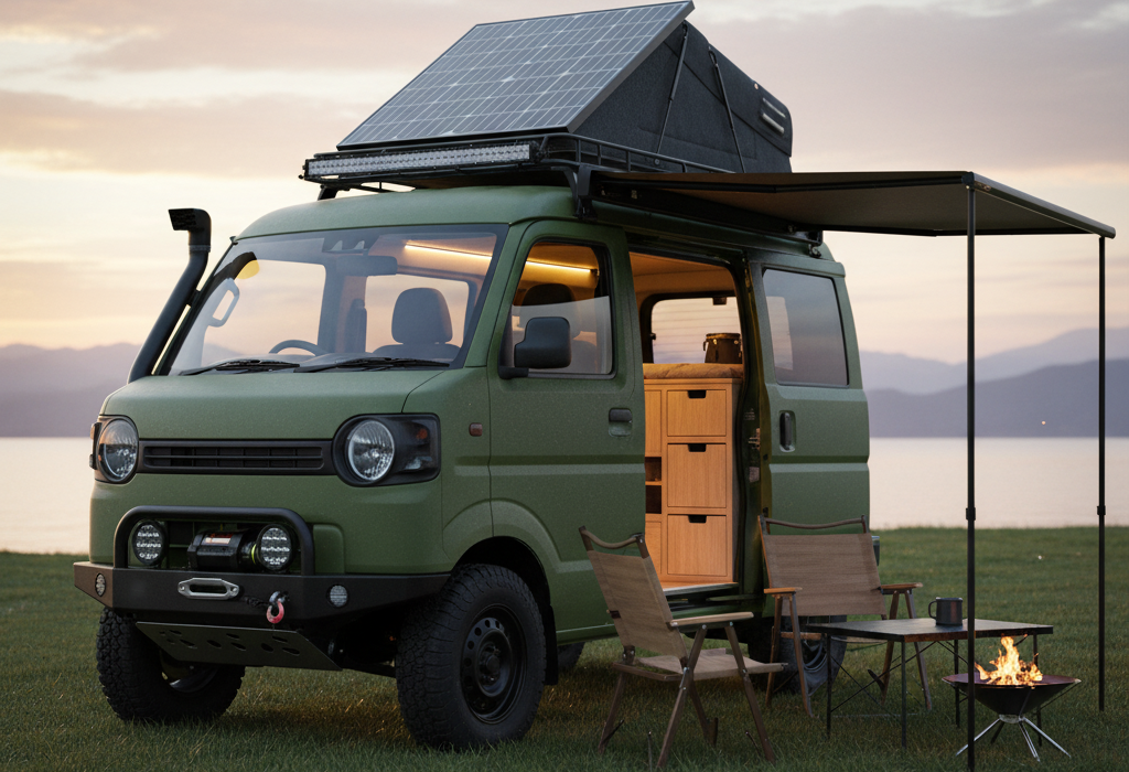 軽キャンパーと屋外の接続