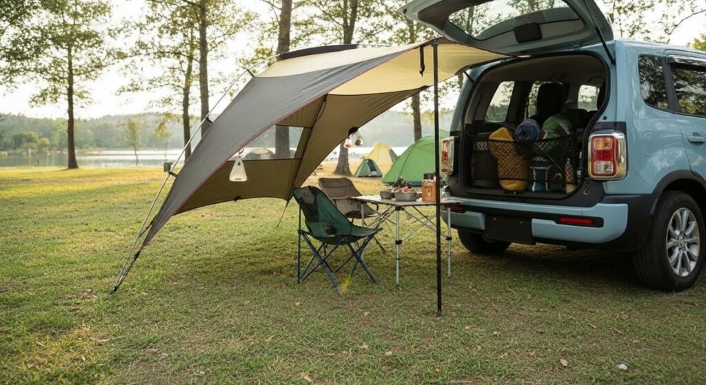 キャンプ場でハスラーにカータープを付けて使っている様子