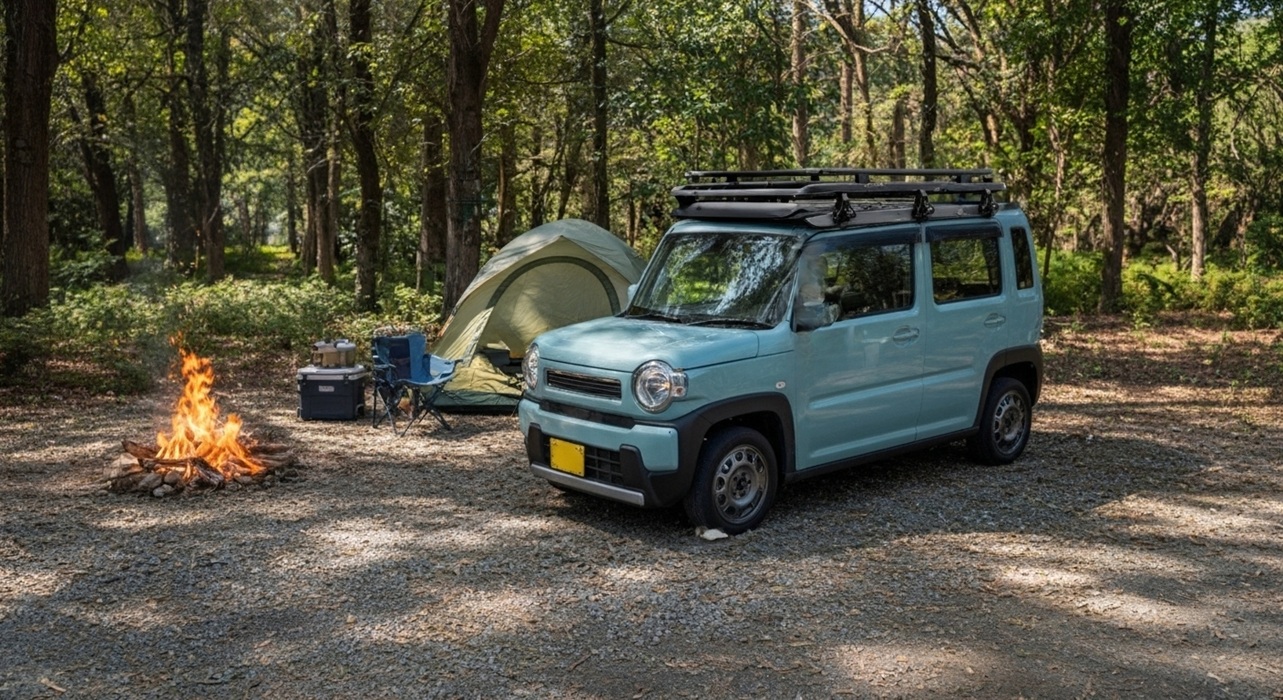 キャンプ仕様にカスタムしたハスラーでアウトドアを楽しむ様子