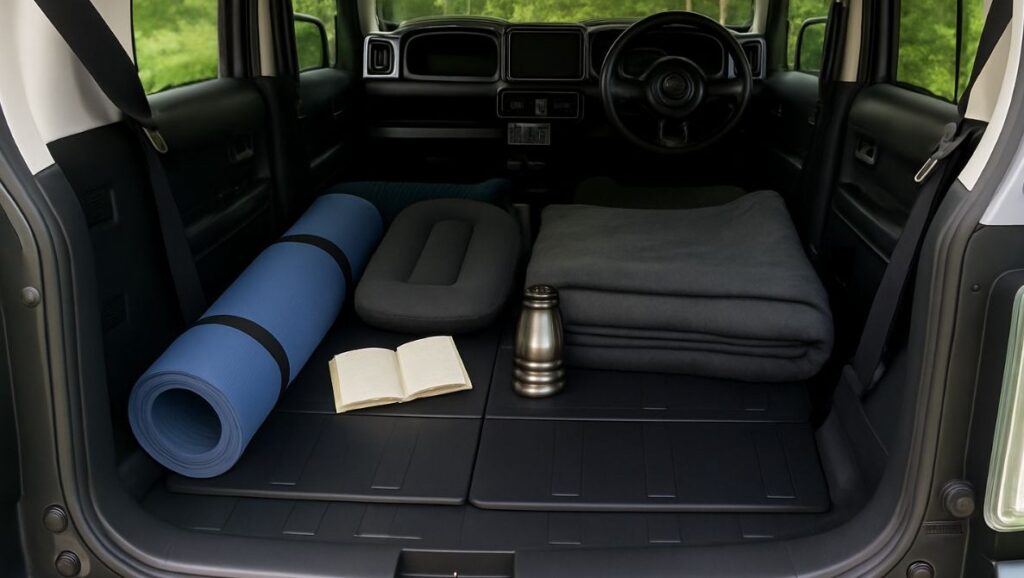 ハスラーの座席を倒してフルフラットにしている様子