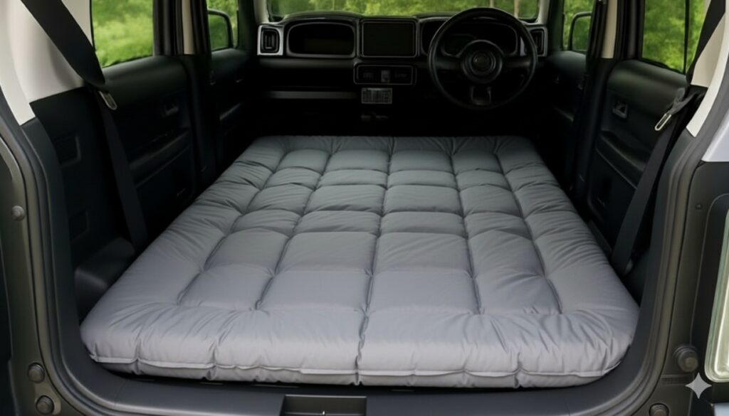 ハスラーの座席を倒した上にマットを敷き段差を解消している様子