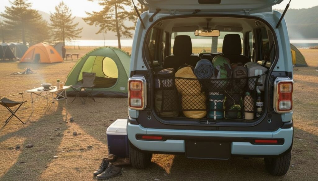 ハスラーの荷室でラゲッジネットを使って荷物を固定している様子