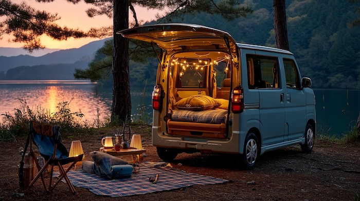 軽自動車で車中泊している様子