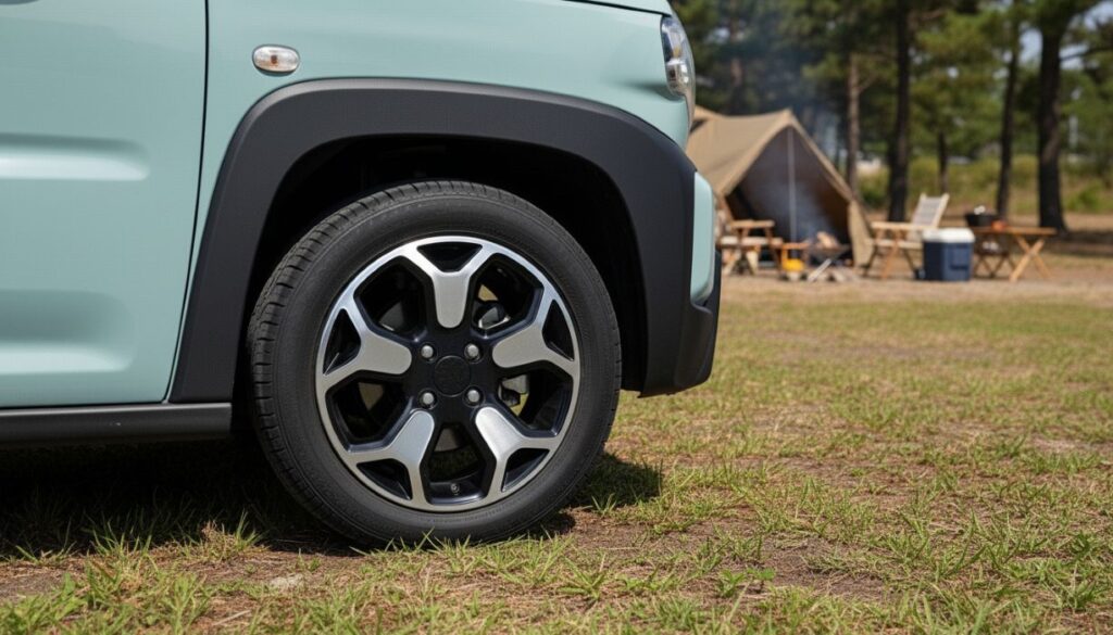 ハスラーのホイールをキャンプ仕様にカスタムした様子