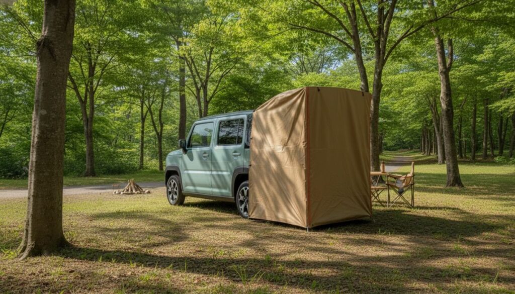 キャンプ場でハスラーにカーテン&タープを付けて使う様子