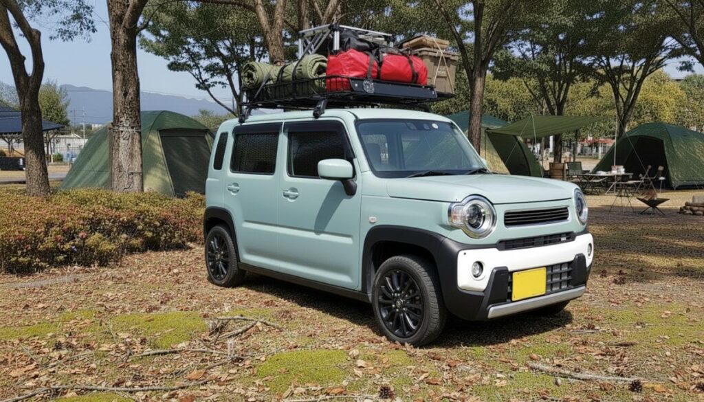 ハスラーにフロントバンパーガーニッシュを装着してキャンプ仕様にカスタムした様子