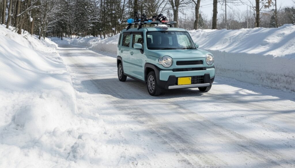 アウトドアカスタムしたハスラーで雪道を走る様子