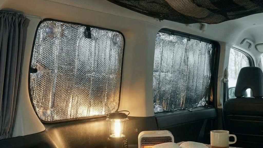 セレナの車中泊で窓に断熱シートを貼っている様子