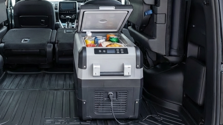 車中泊時の車内でポータブル冷蔵庫を使う様子