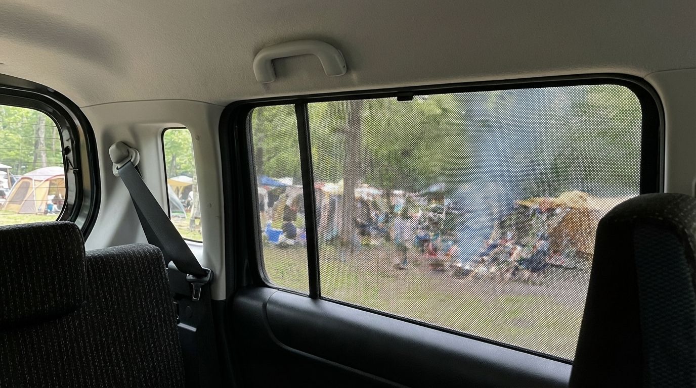 ハスラーの窓に網戸用ネットを付けた様子