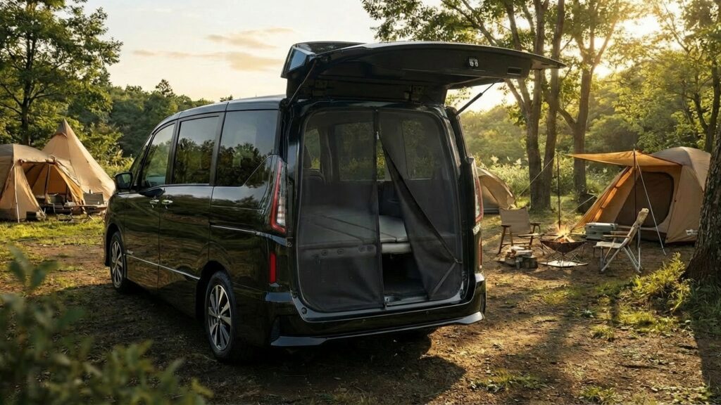 セレナにバックドアネットを装着している様子