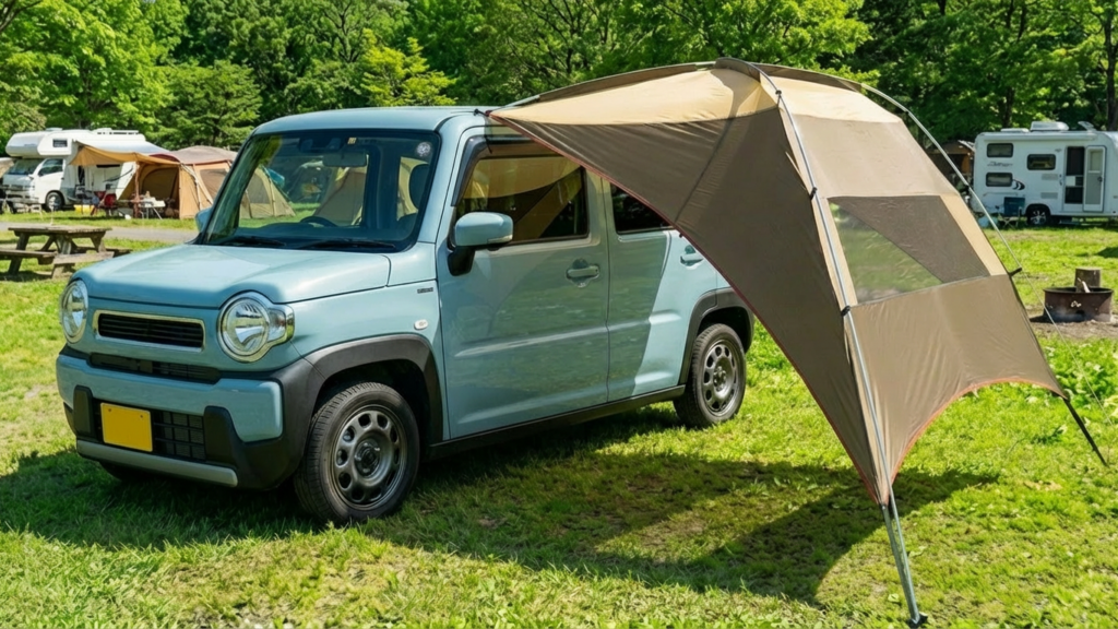 カーサイドタープを車中泊で使う様子