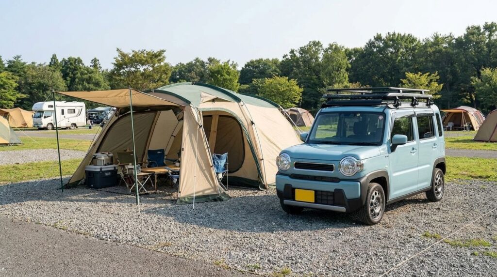 オートキャンプ場を利用してハスラーで車中泊する様子