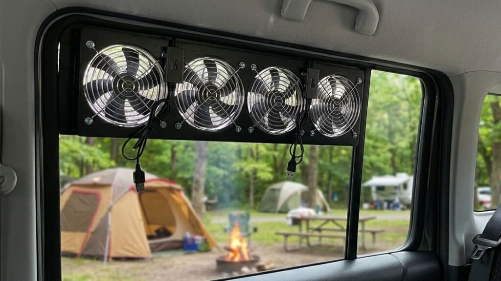 ハスラーの窓に換気扇を取り付けている様子