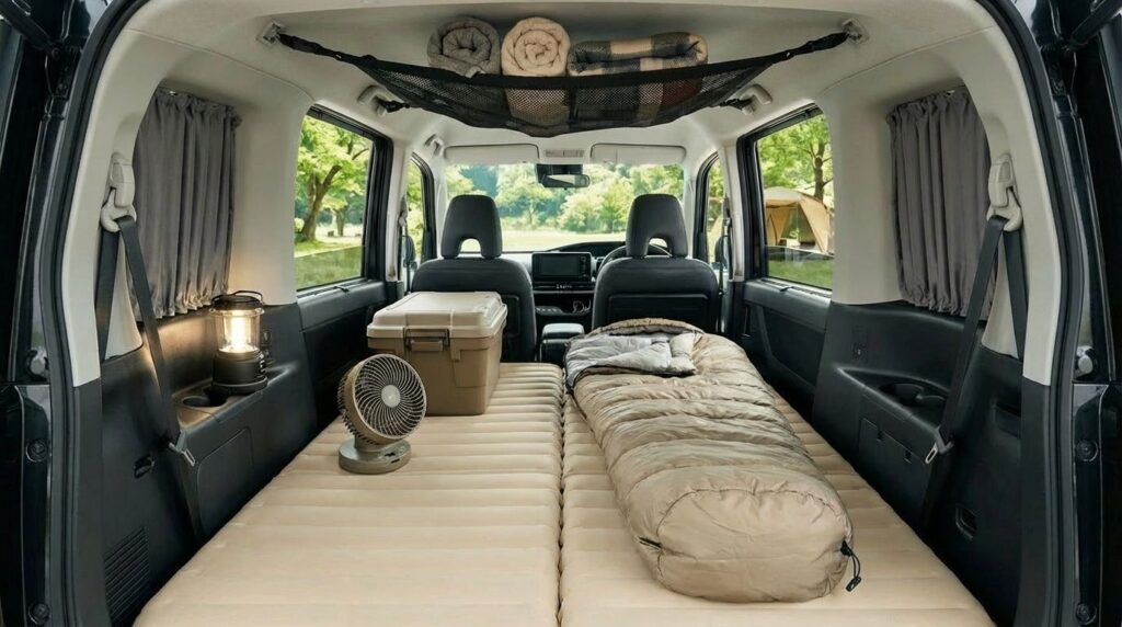 セレナで車中泊用のマットを使用する様子