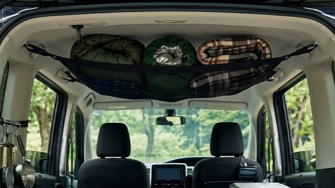 車中泊で天井ネットを使う様子