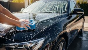 黒い車を洗車する様子