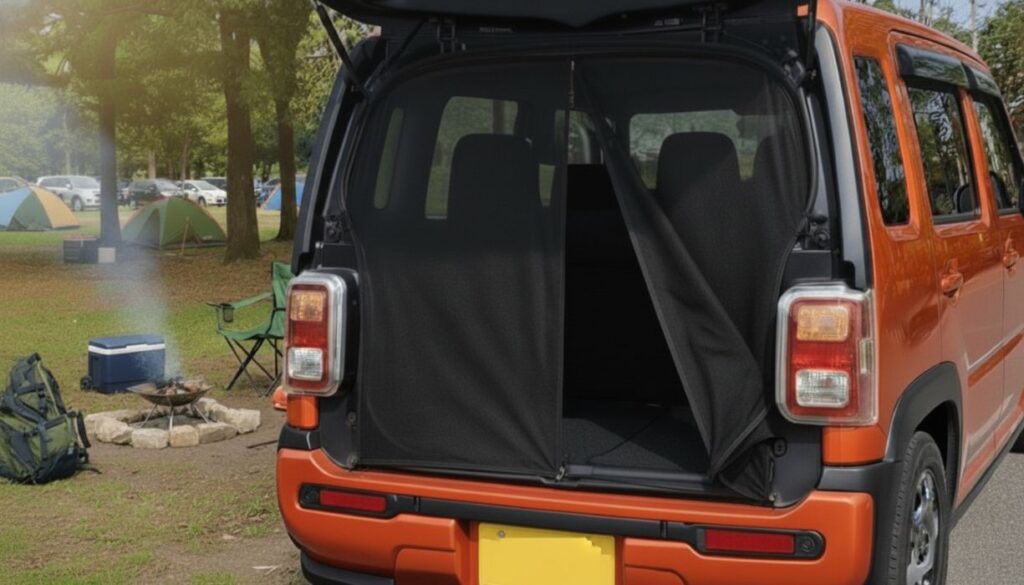 車中泊でバックドアネットを使う様子