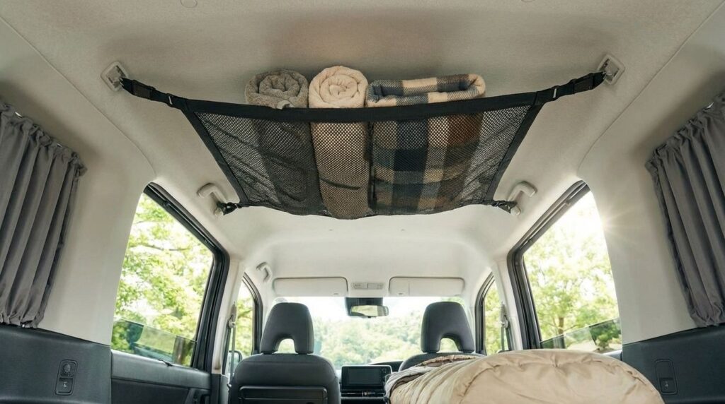 セレナの車中泊で天井ネットを使用している様子