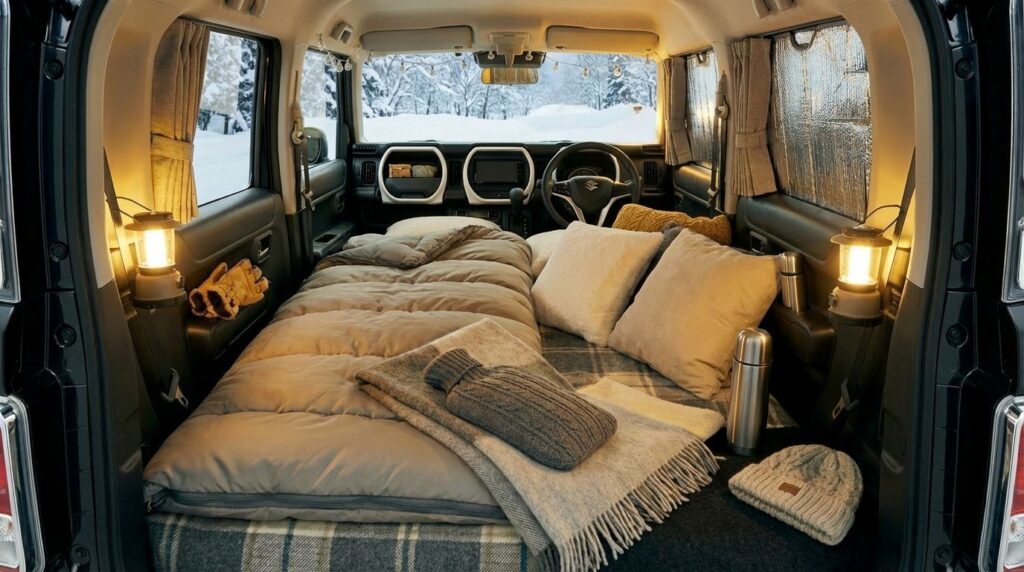 冬にハスラーで車中泊をする様子