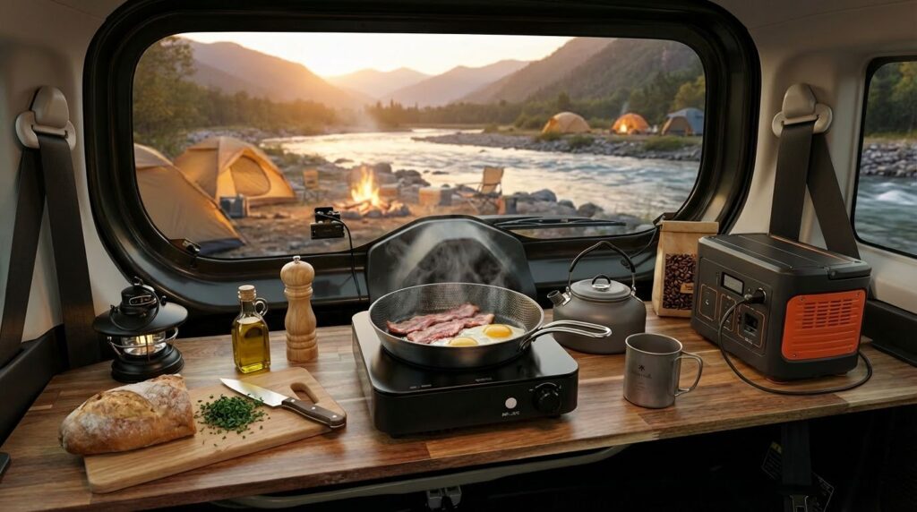 ハスラーのラゲッジボードの上でIHコンロを使う様子