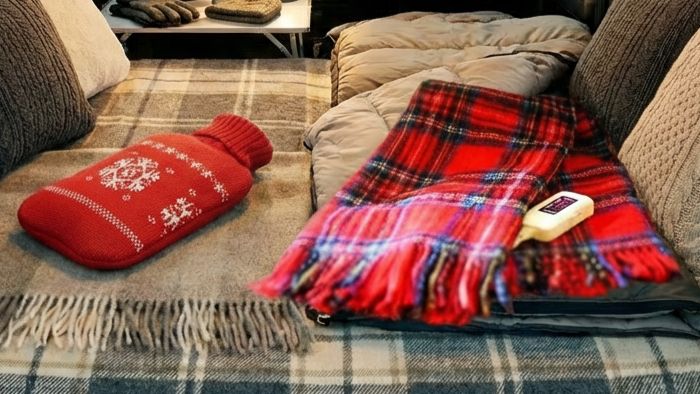 ハスラーの車内で湯たんぽと電気毛布を使う様子