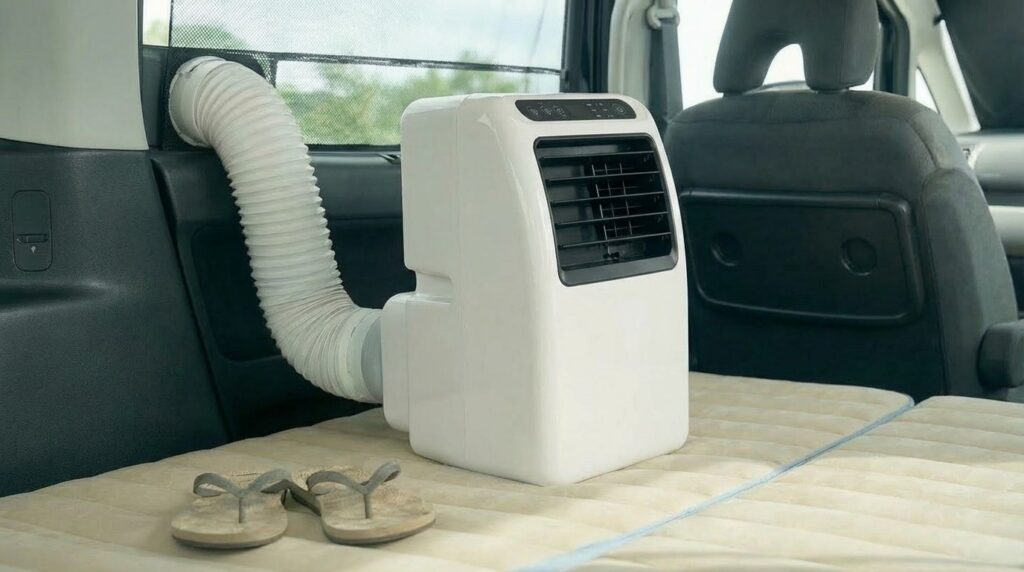 セレナの車内でスポットクーラーを使っている様子