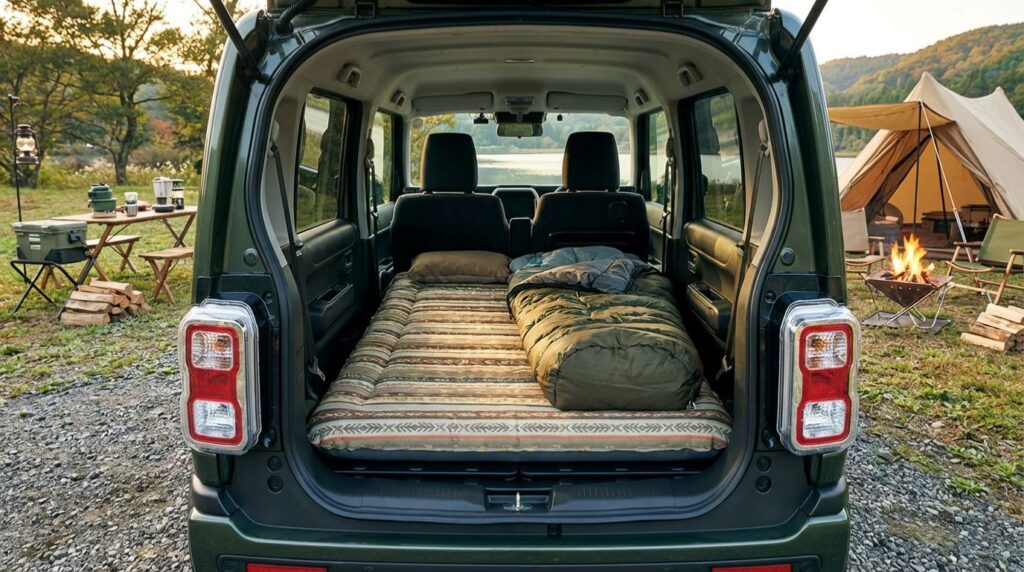 車中泊する際にフルフラットにしてマットを敷いた様子