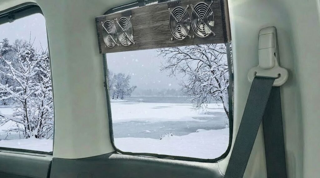 冬の車中泊で換気扇を窓に取り付けている様子
