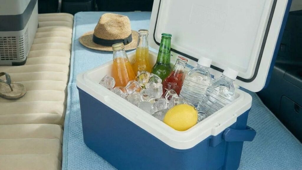 夏の車中泊でクーラーボックスを使用している様子