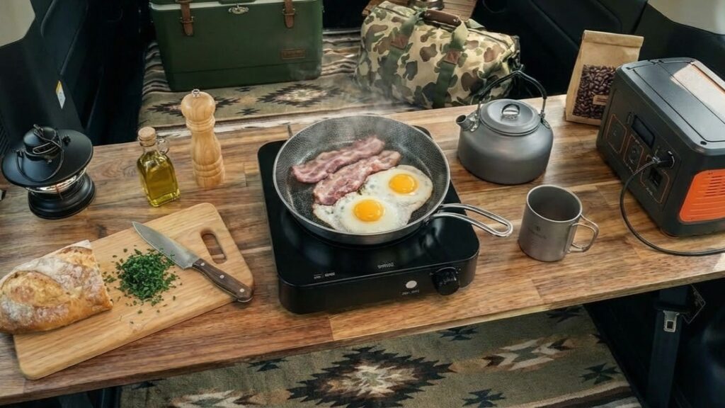 車内でIHコンロを使用する様子