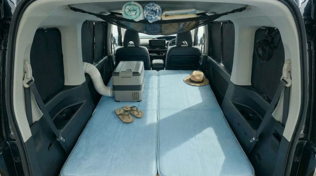 夏の車中泊で冷感マットを使用している様子