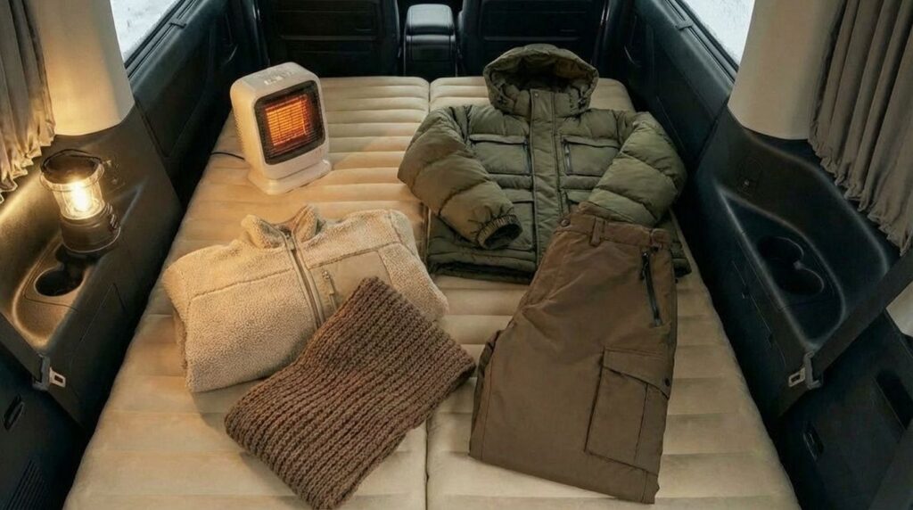 冬の車中泊で着用する防寒着の例
