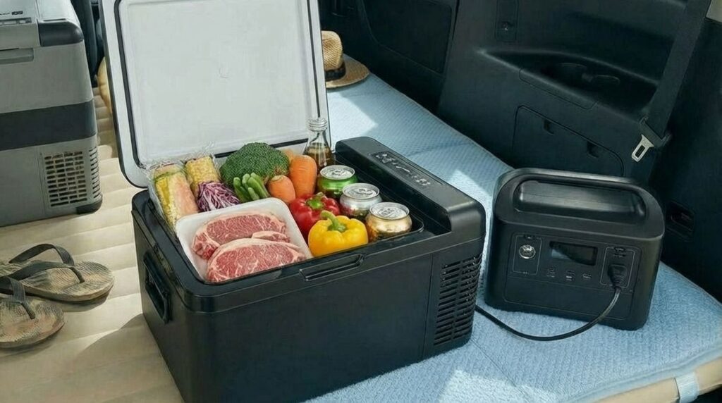 夏の車中泊でポータブル冷蔵庫を使用している様子