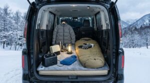 冬に車中泊をする車内の様子
