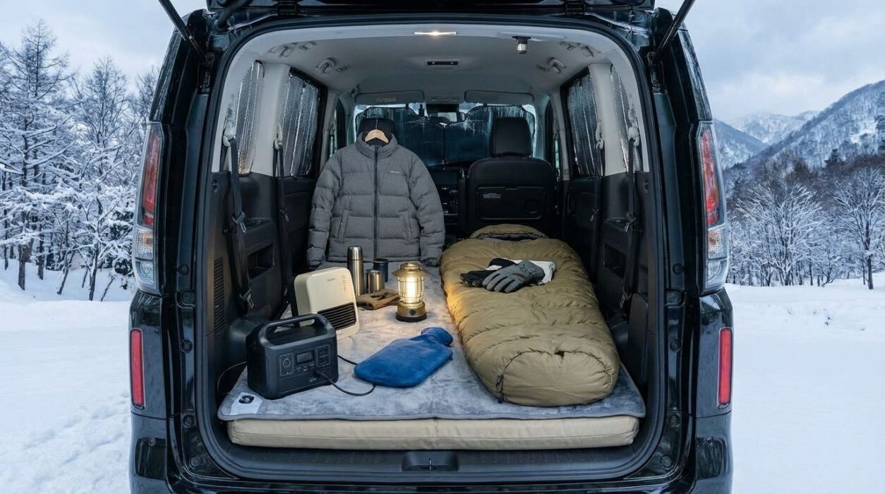 冬に車中泊をする車内の様子