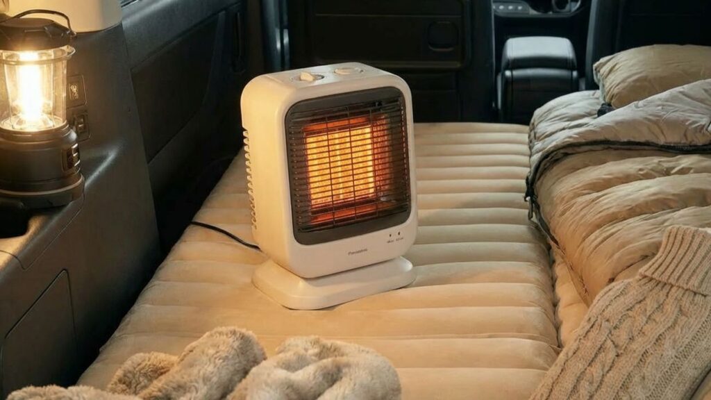 冬の車中泊でセラミックファンヒーターを使う様子