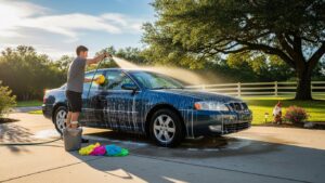 屋外で洗車する様子