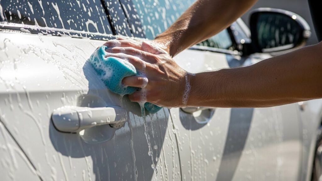 白い車を手洗い洗車する様子