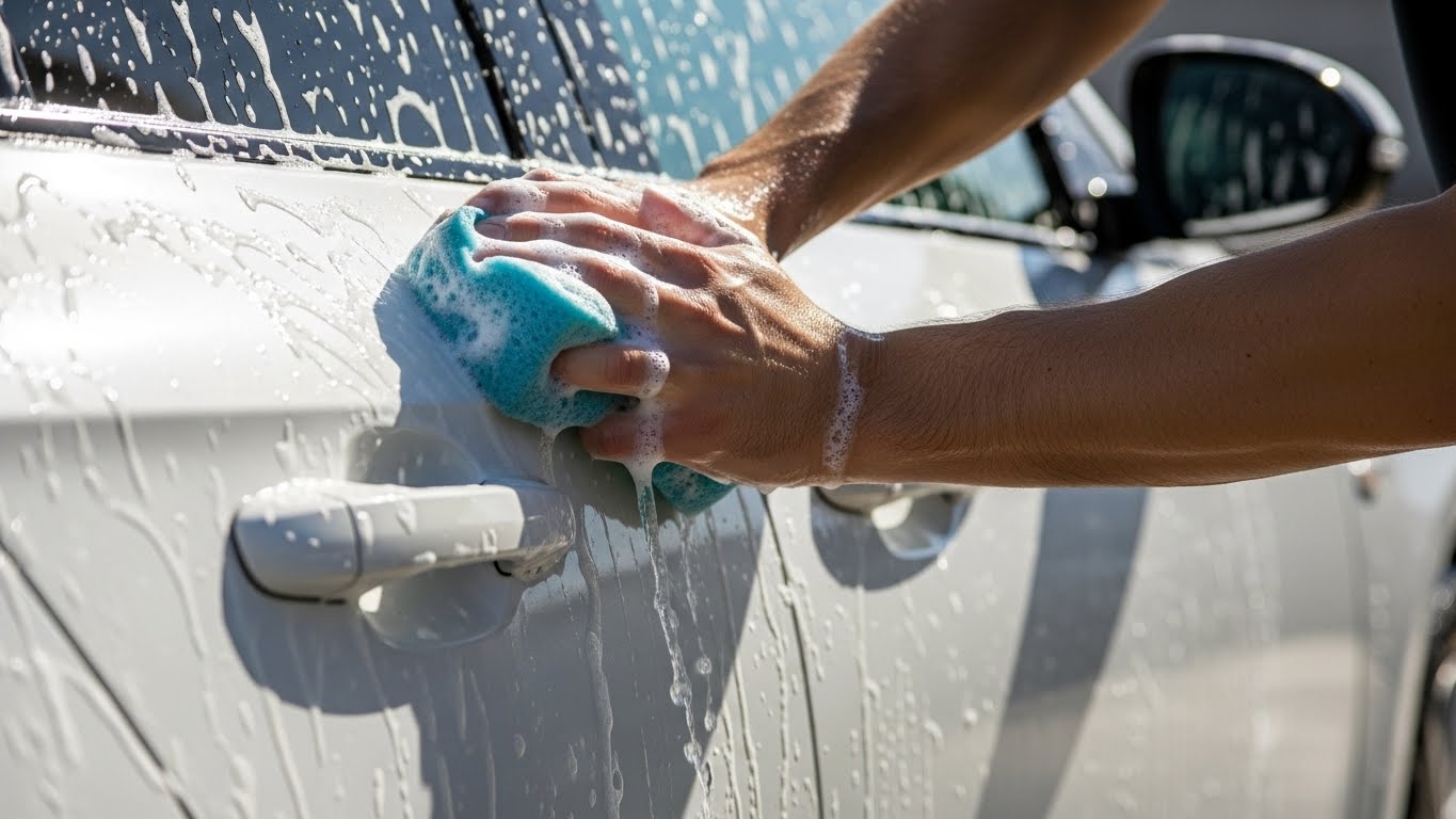 白い車を手洗い洗車する様子