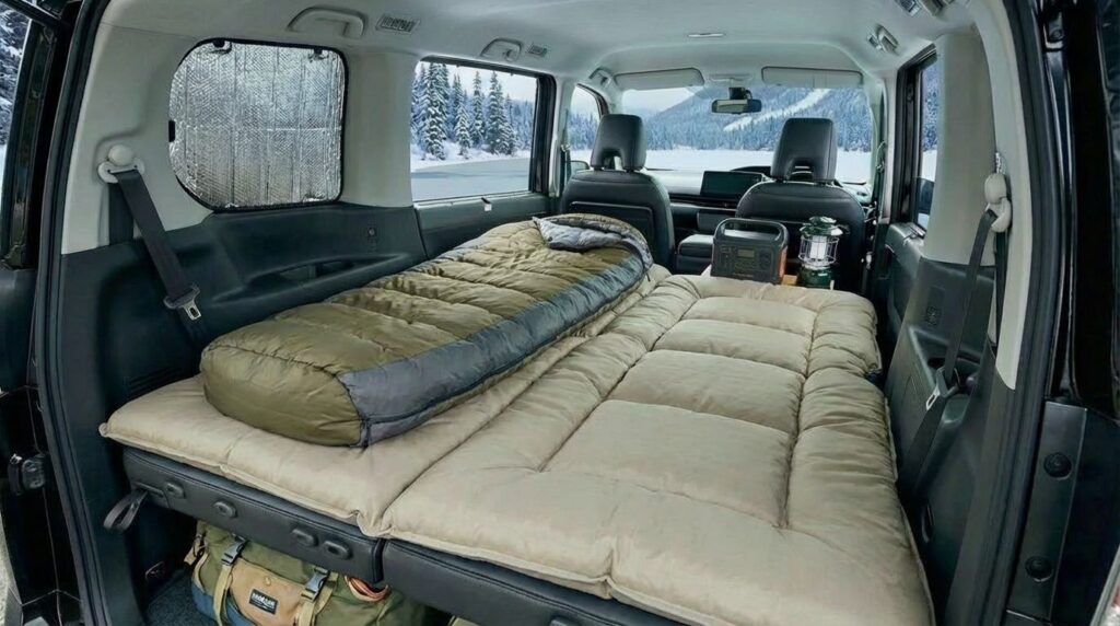 冬の車中泊で厚めの車中泊マットを使用している様子
