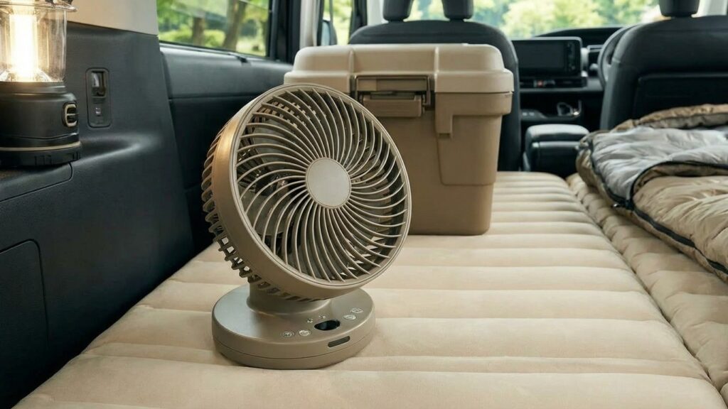 夏の車中泊でサーキュレーターを使用している様子