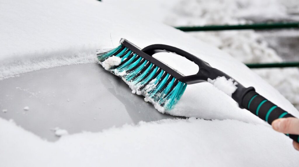 スノーブラシを使って車窓の雪をはらう様子