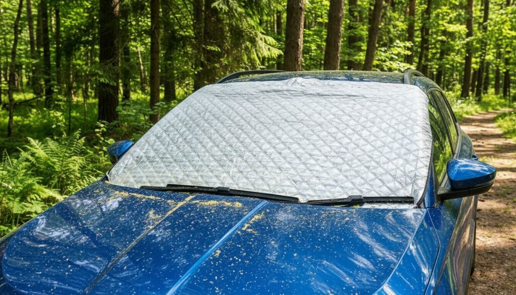外付けの車用サンシェードをフロントガラスに装着して花粉を防いでいるイメージ