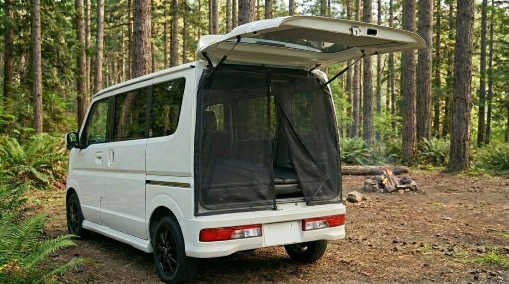エブリイの車中泊でバックドアネットを使用している様子