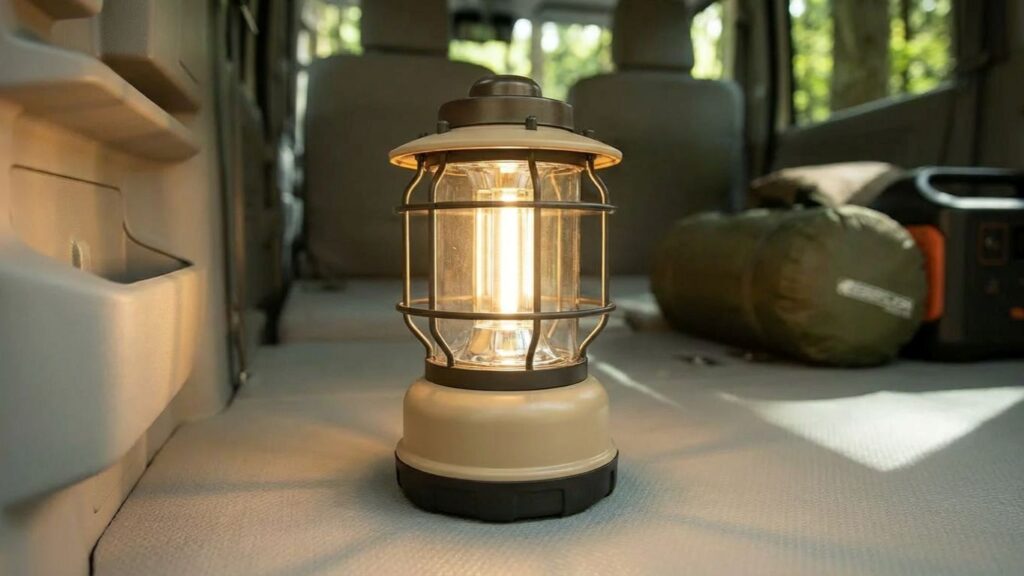 エブリイの車中泊で小型LEDランタンを使用しているイメージ